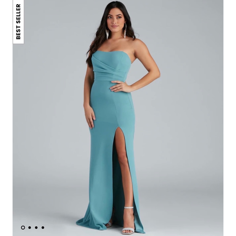 Blue Strapless High Slit Formal Dress